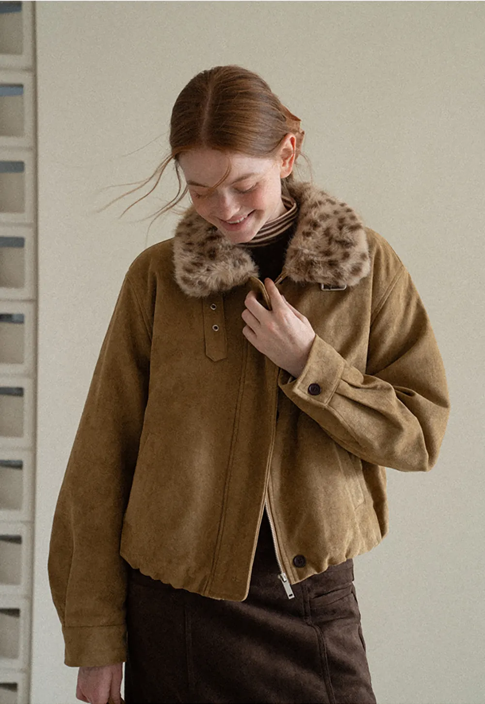 Leopard Print Faux Fur Collar Short Jacket