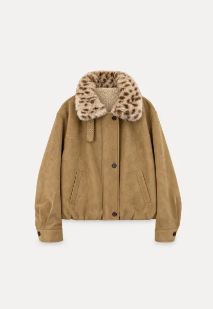 Leopard Print Faux Fur Collar Short Jacket