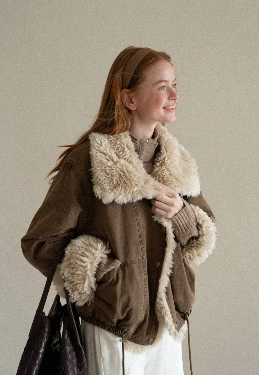 Shearling Trimmed Oversized Short Jacket