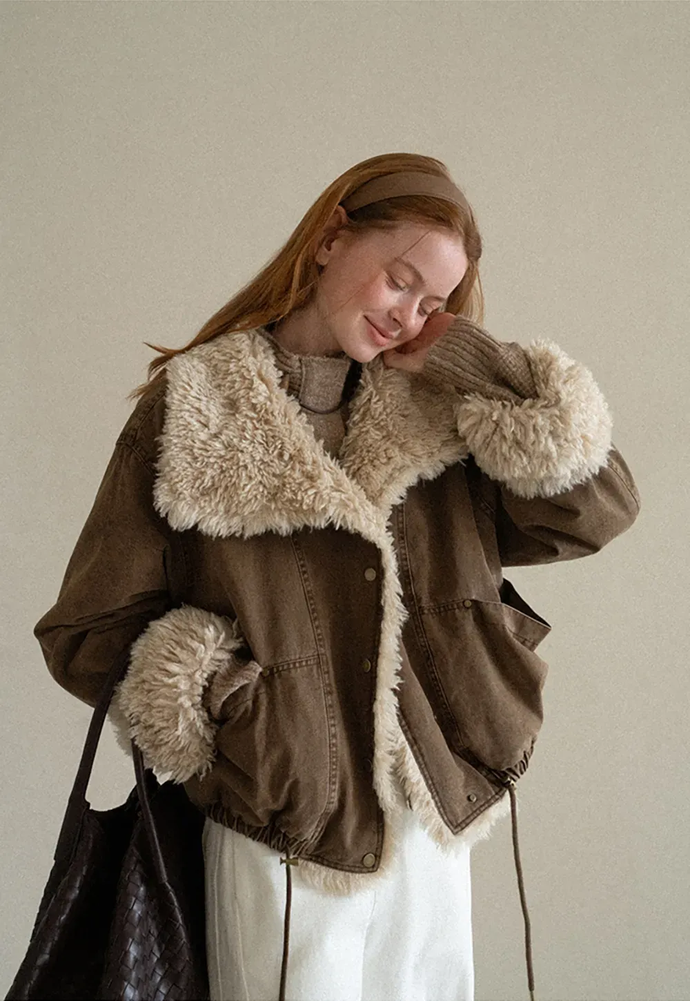 Shearling Trimmed Oversized Short Jacket