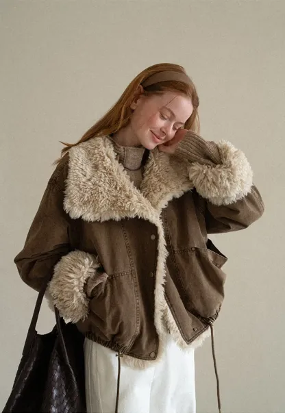 Shearling Trimmed Oversized Short Jacket