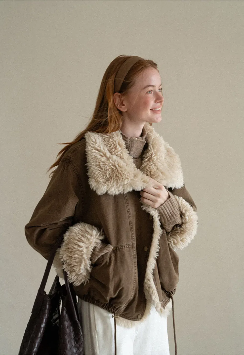 Shearling Trimmed Oversized Short Jacket