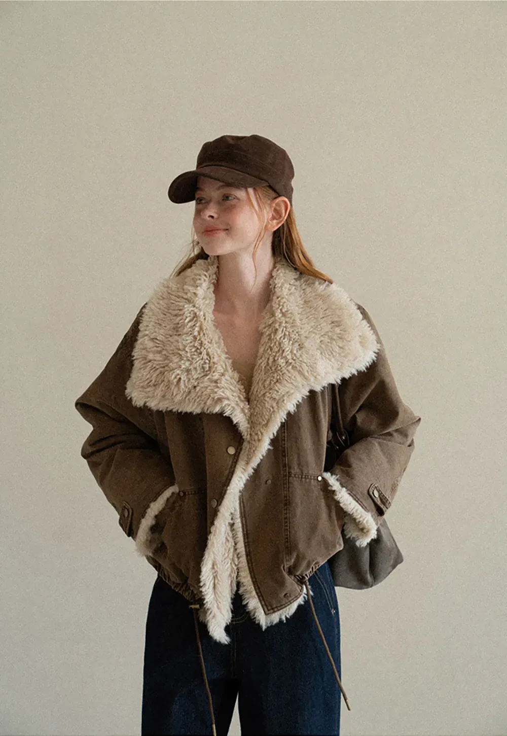 Shearling Trimmed Oversized Short Jacket