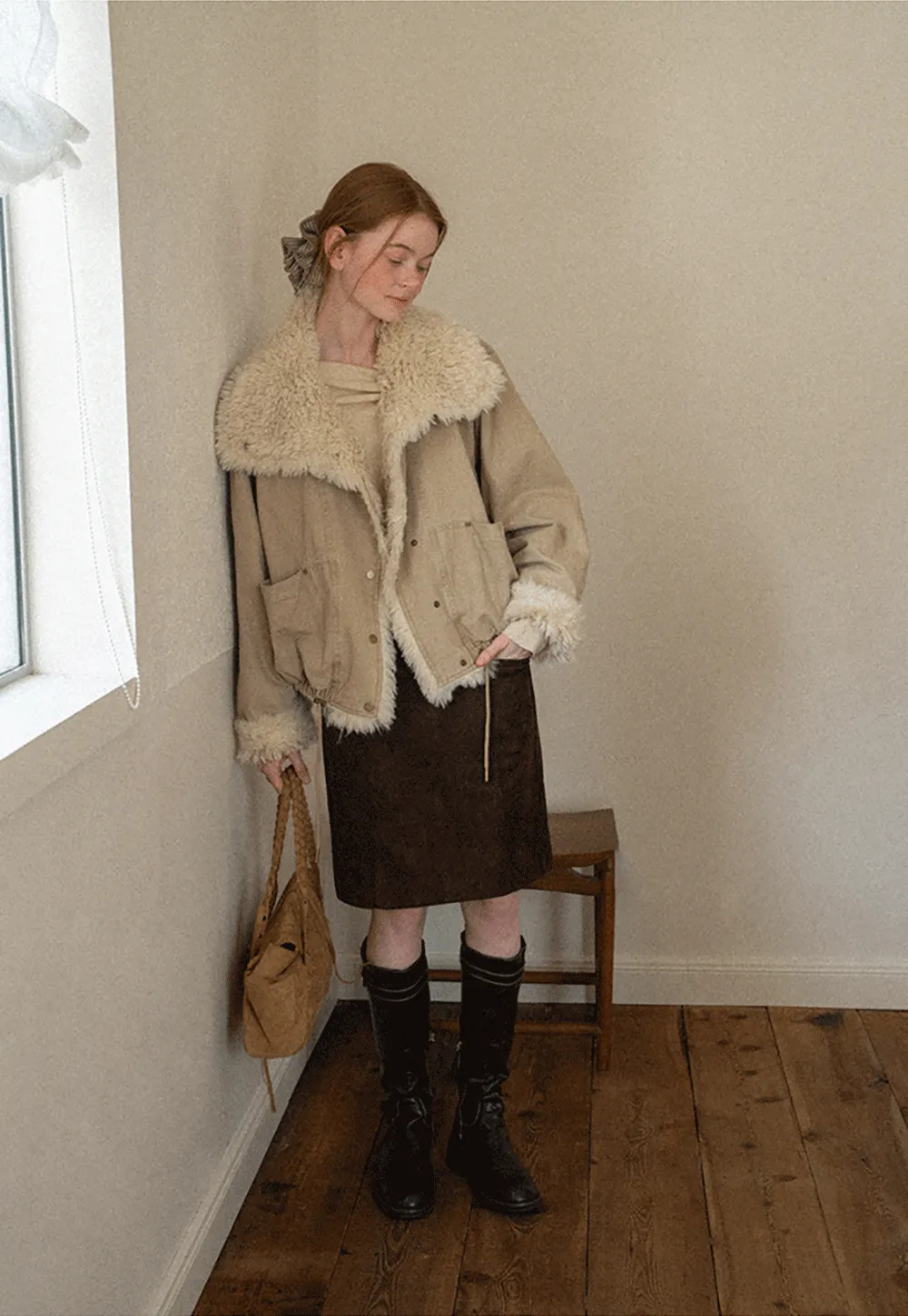 Shearling Trimmed Oversized Short Jacket