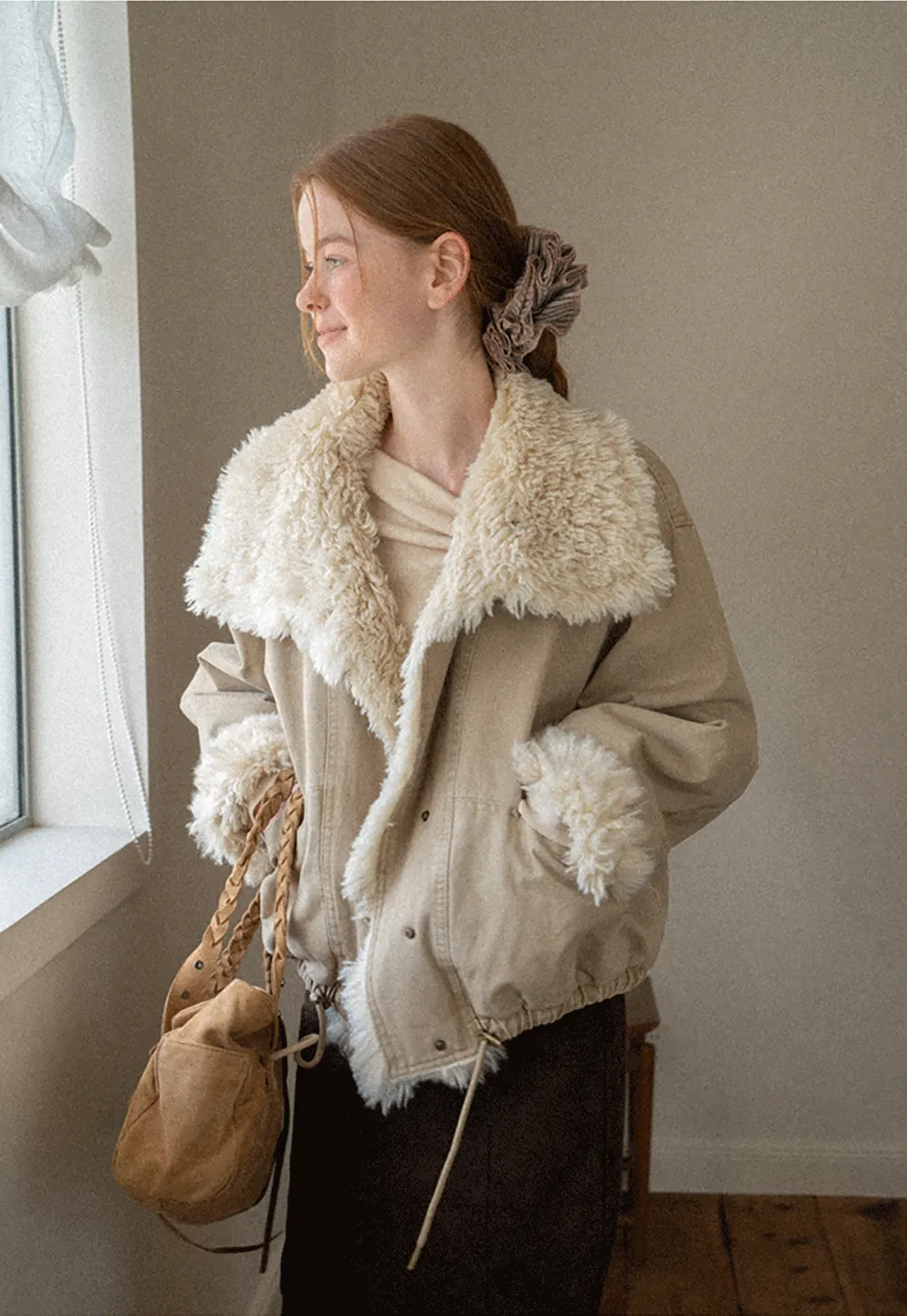 Shearling Trimmed Oversized Short Jacket
