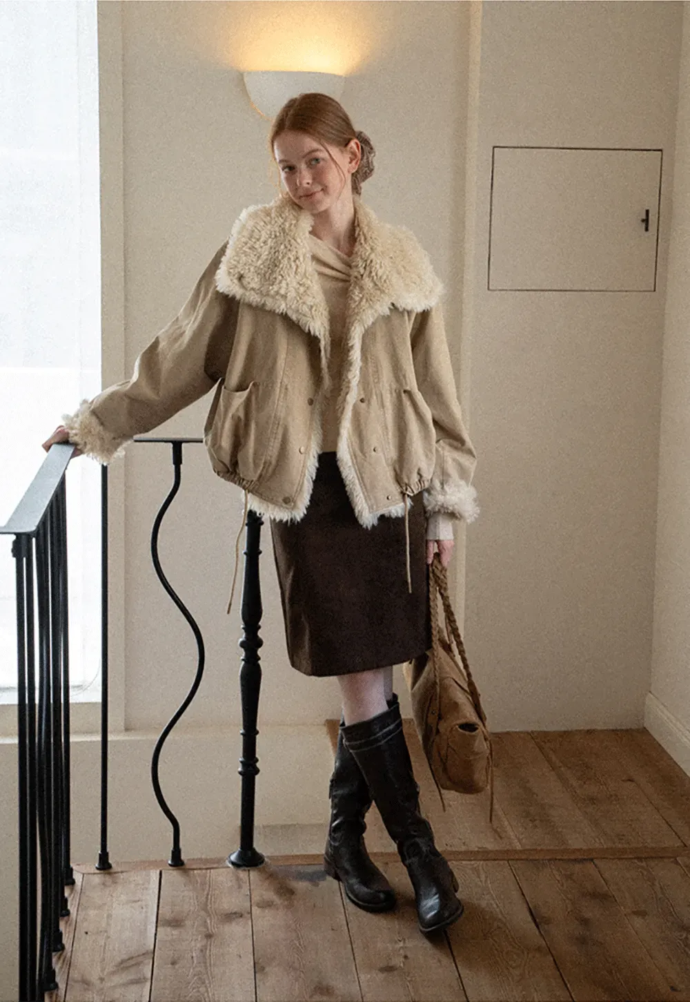 Shearling Trimmed Oversized Short Jacket