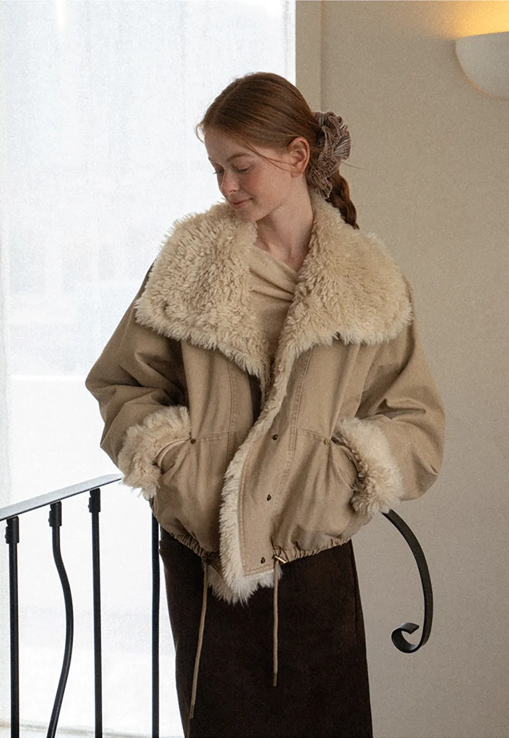Shearling Trimmed Oversized Short Jacket