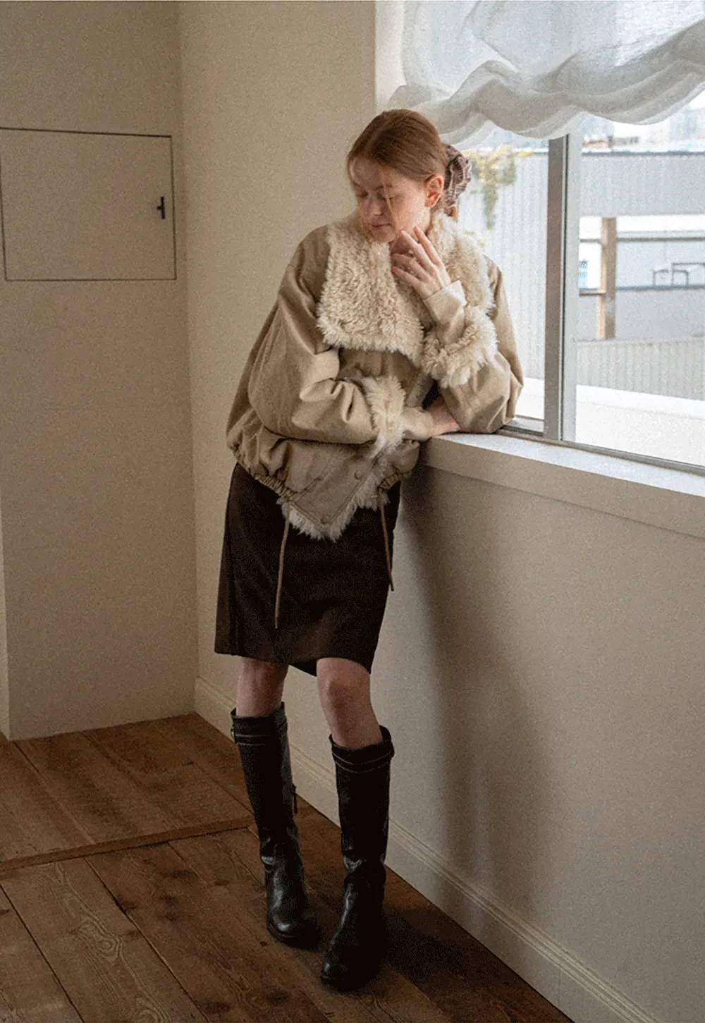 Shearling Trimmed Oversized Short Jacket