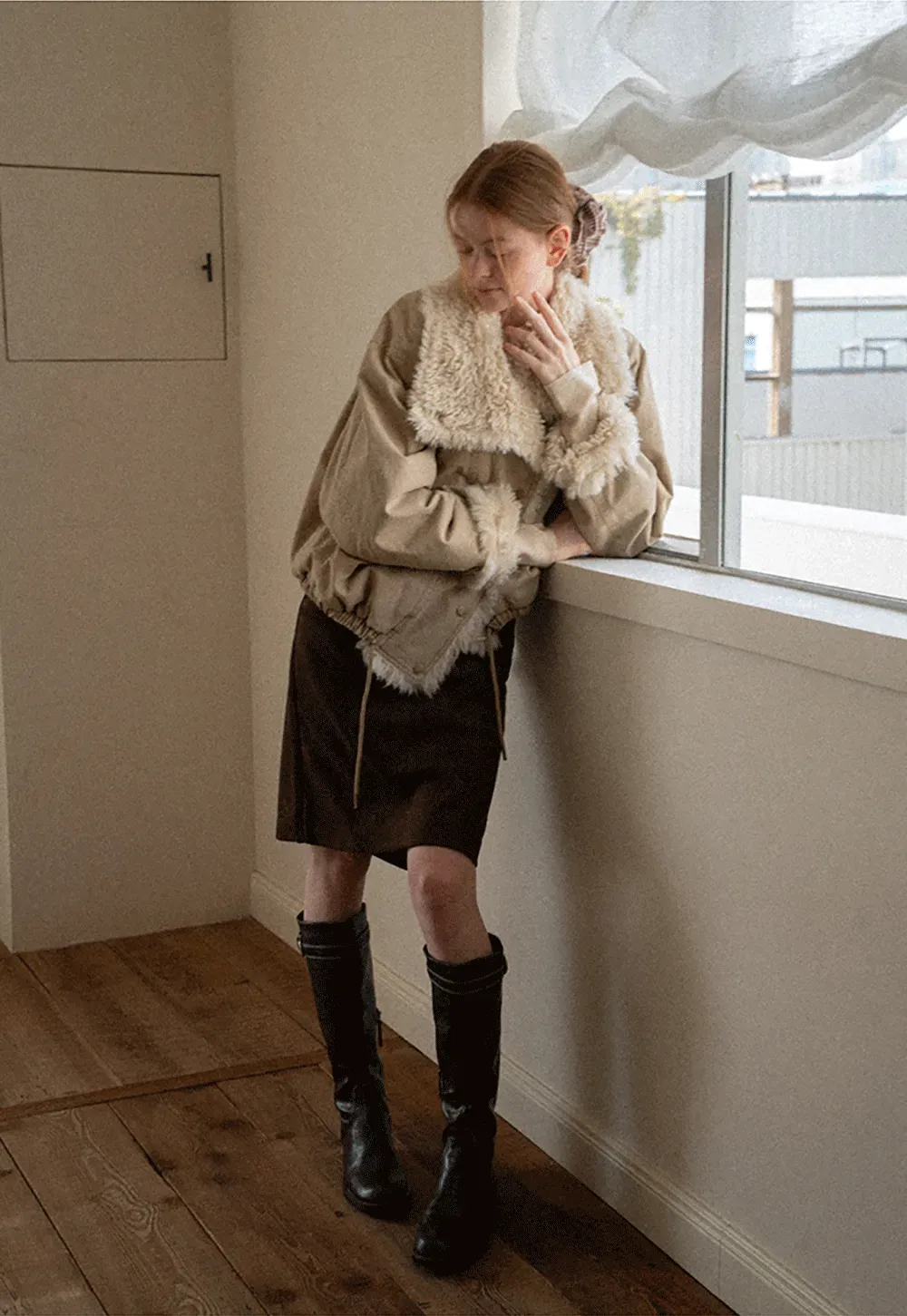Shearling Trimmed Oversized Short Jacket
