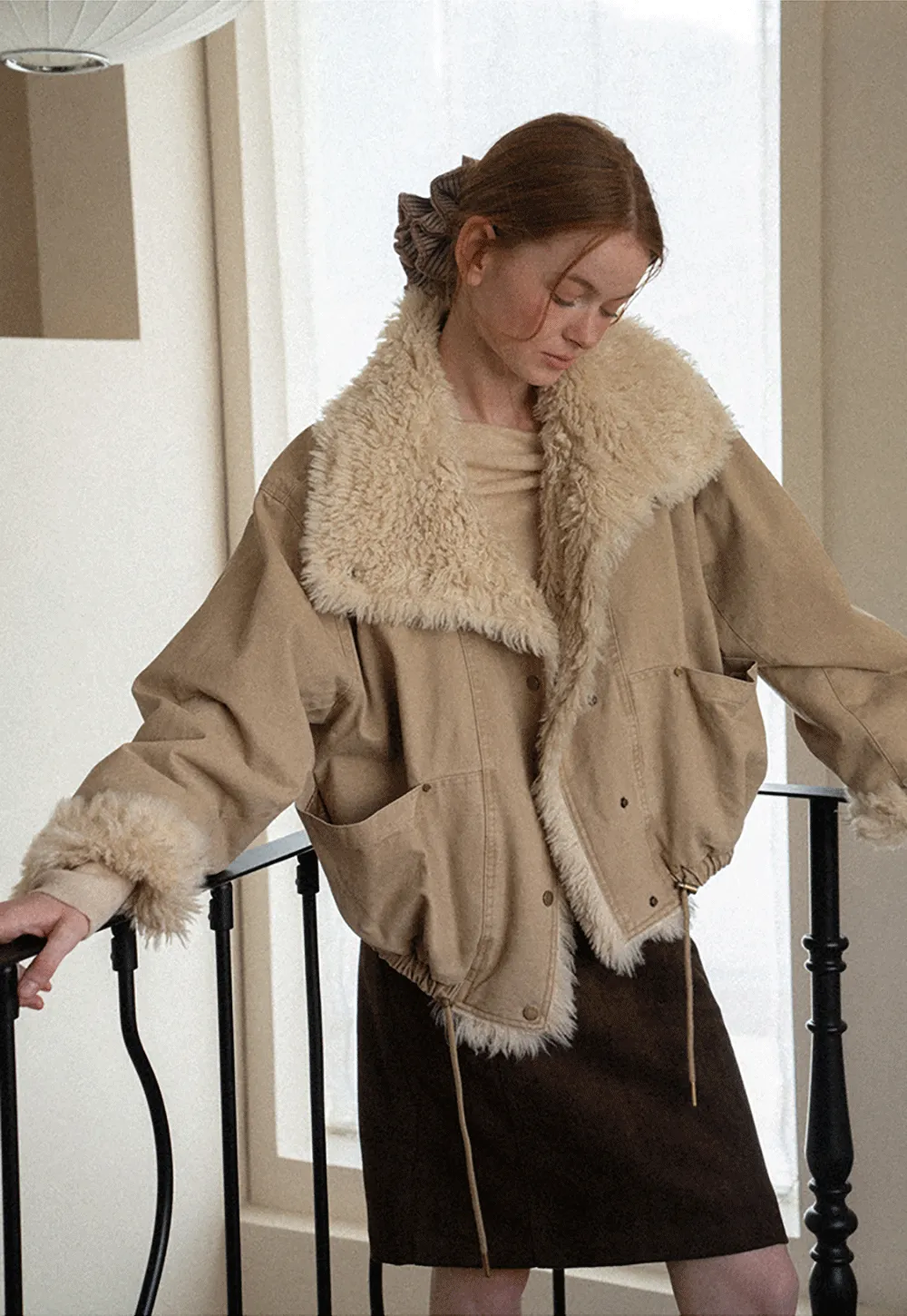 Shearling Trimmed Oversized Short Jacket