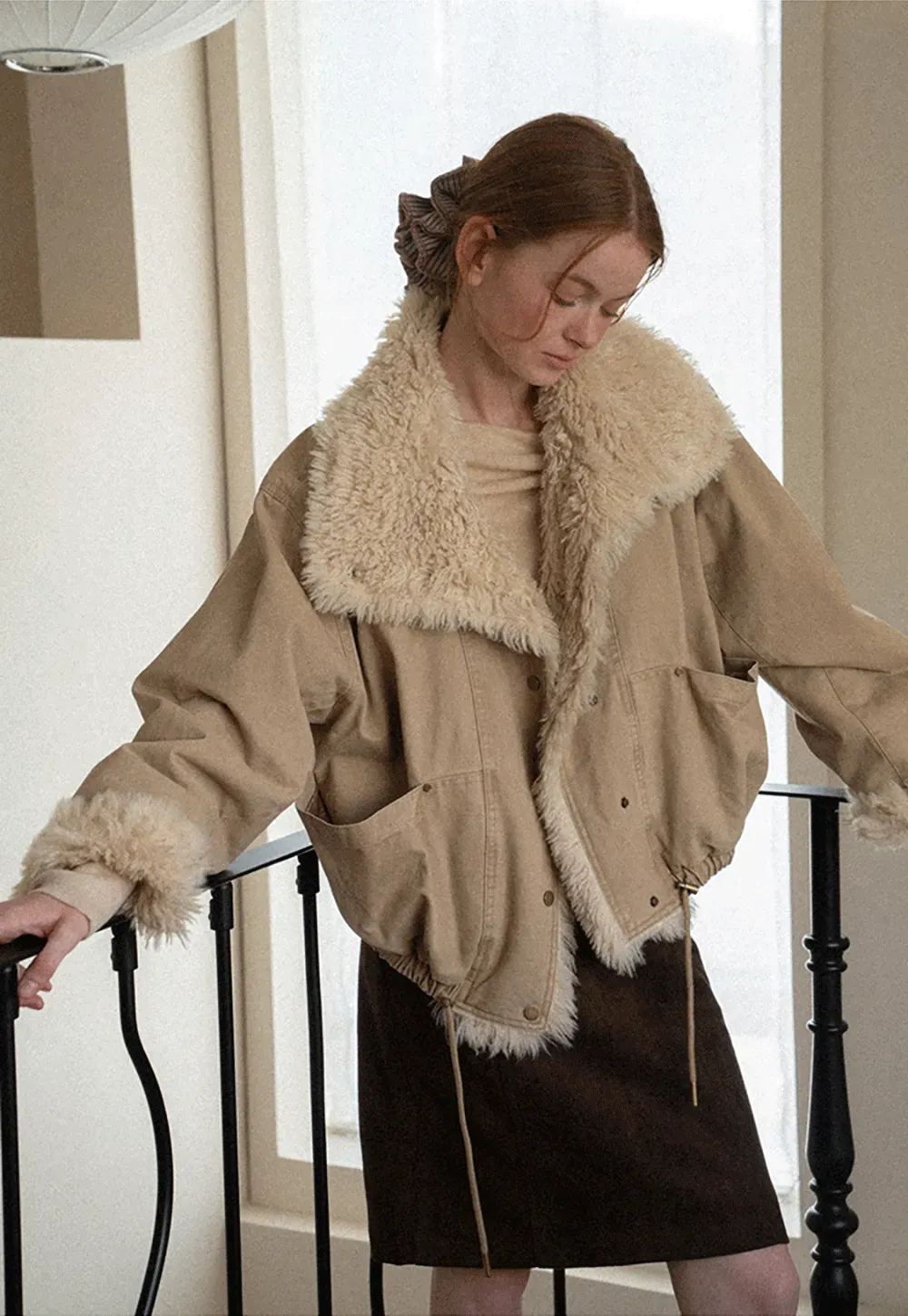 Shearling Trimmed Oversized Short Jacket