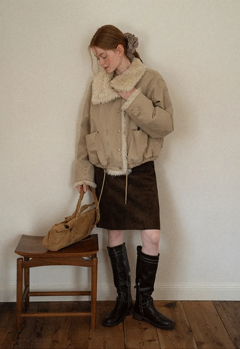 Shearling Trimmed Oversized Short Jacket