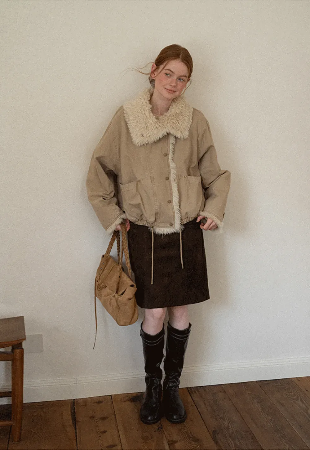 Shearling Trimmed Oversized Short Jacket