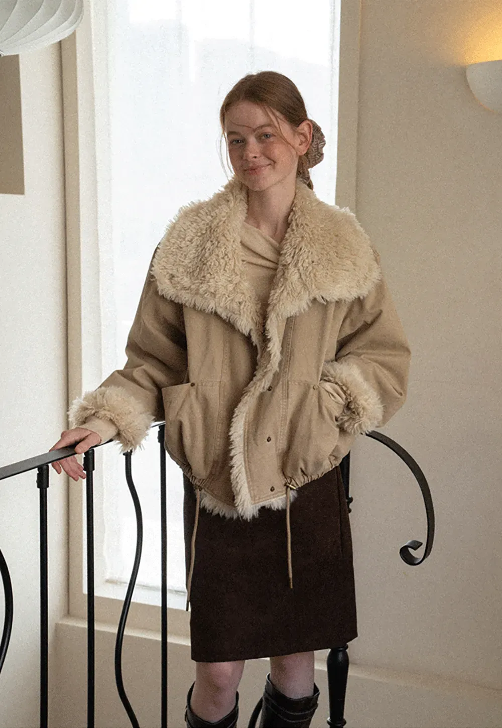 Shearling Trimmed Oversized Short Jacket