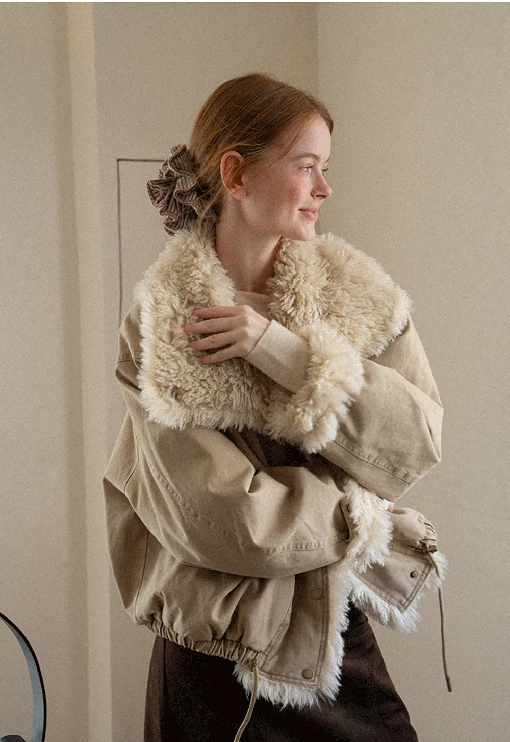 Shearling Trimmed Oversized Short Jacket