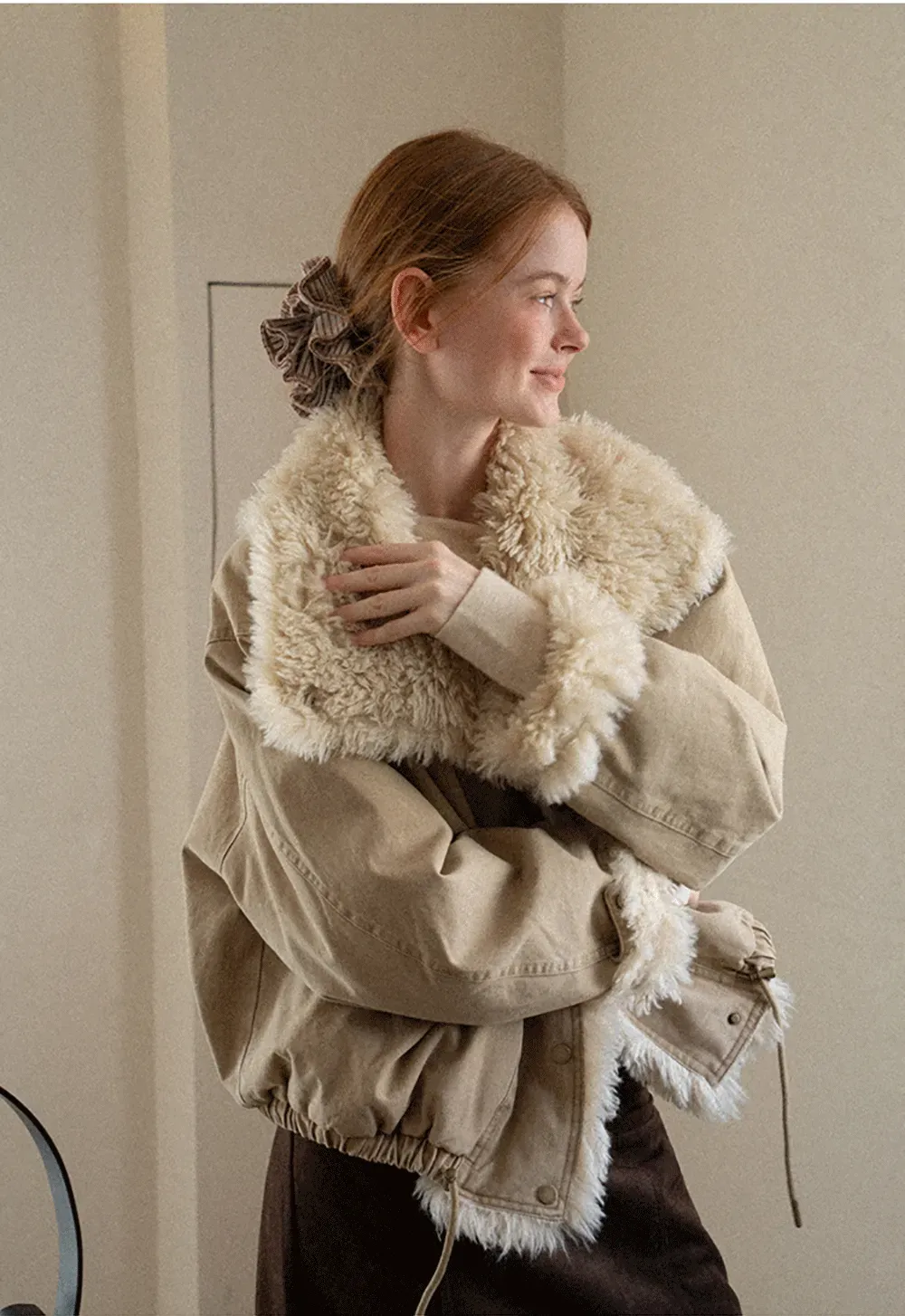 Shearling Trimmed Oversized Short Jacket