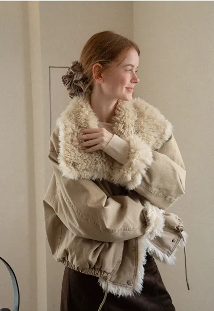 Shearling Trimmed Oversized Short Jacket