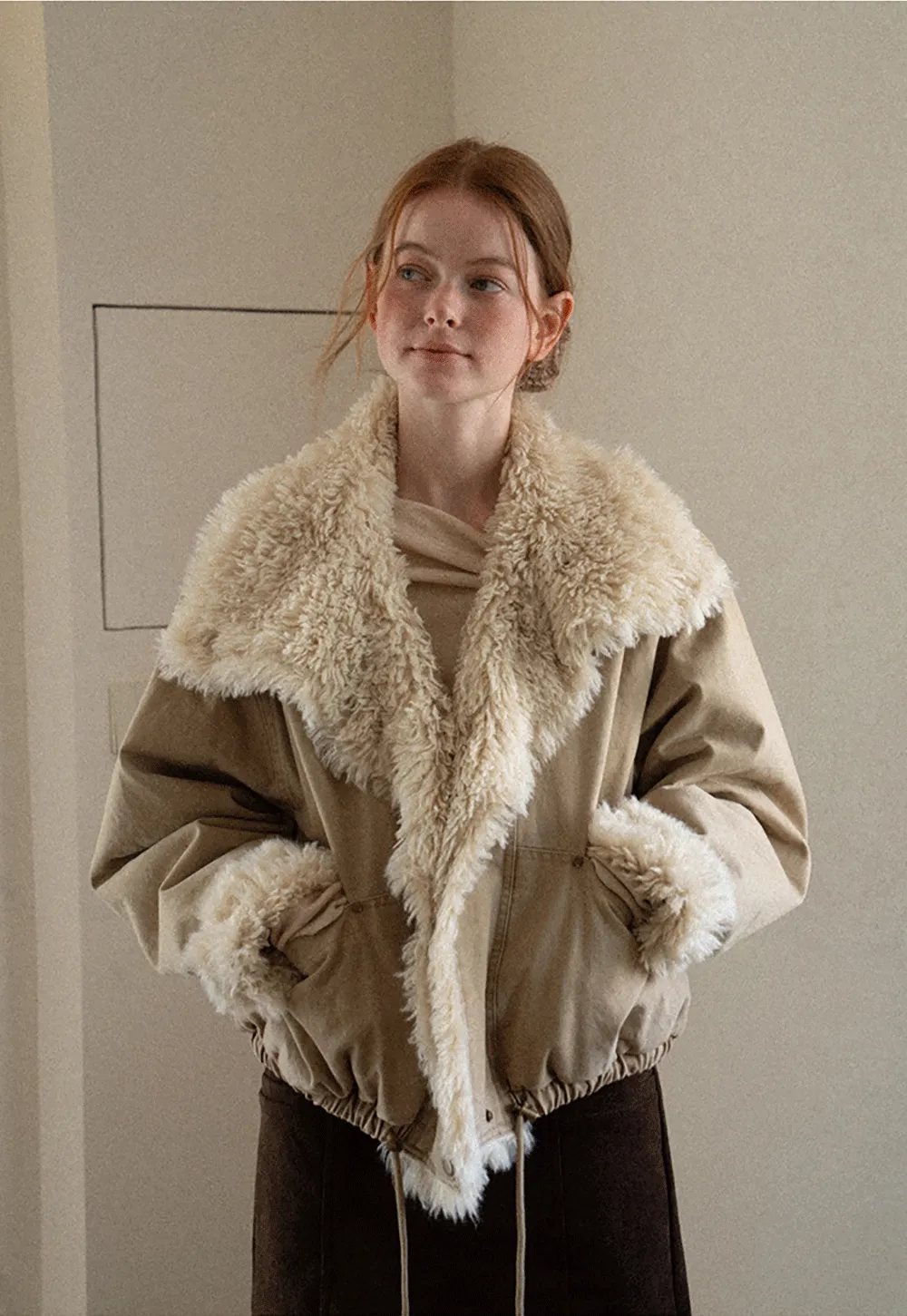 Shearling Trimmed Oversized Short Jacket