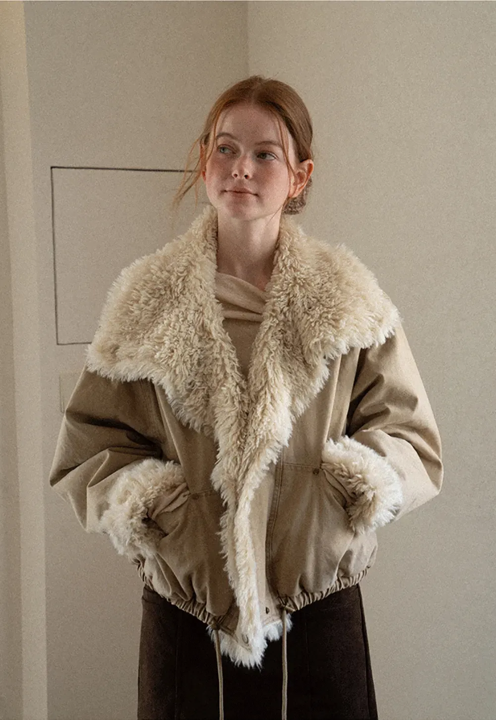 Shearling Trimmed Oversized Short Jacket