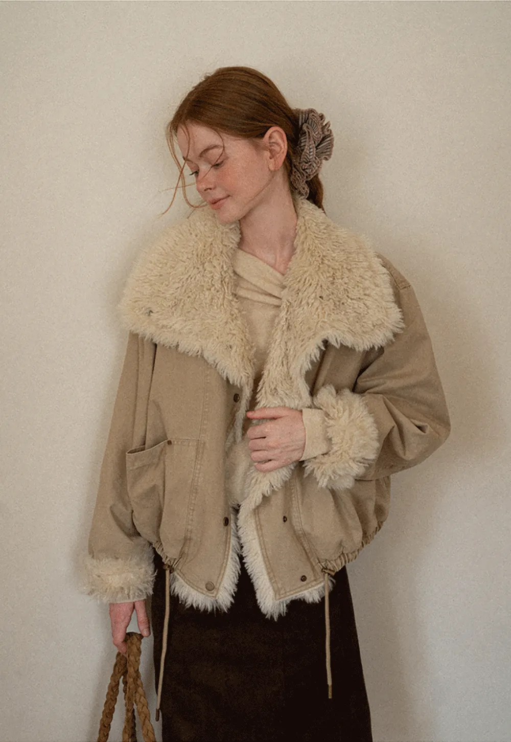 Shearling Trimmed Oversized Short Jacket