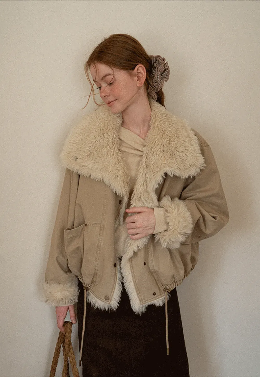 Shearling Trimmed Oversized Short Jacket