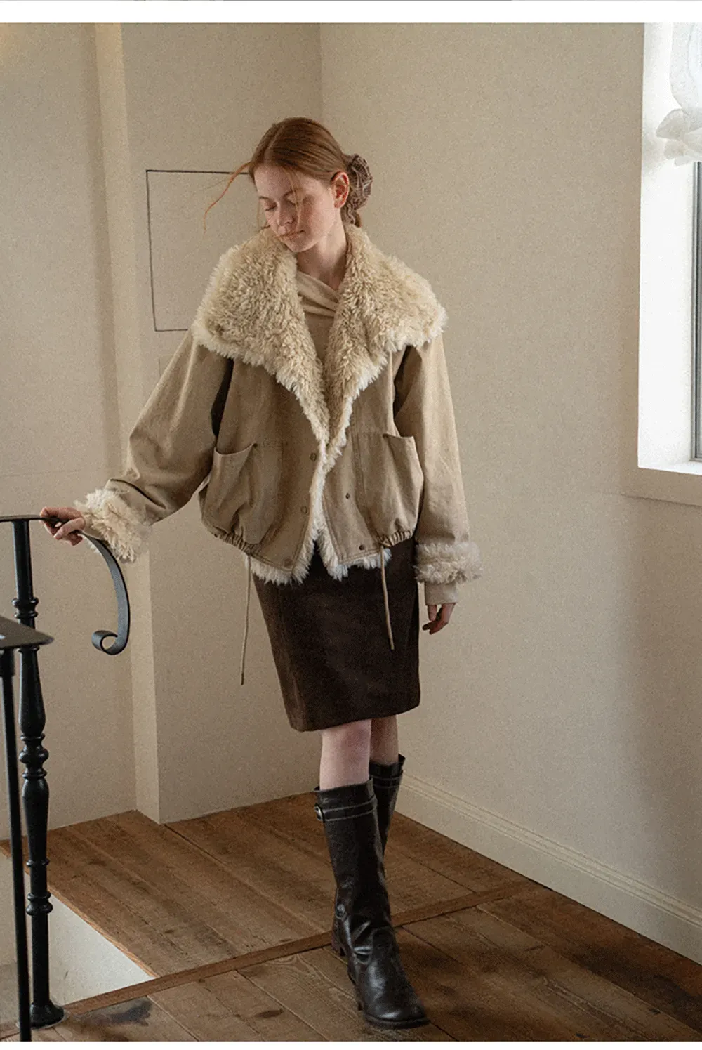 Shearling Trimmed Oversized Short Jacket