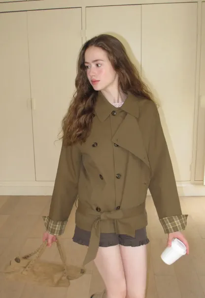 Double Breasted Trench Coat with Plaid Cuff Detail