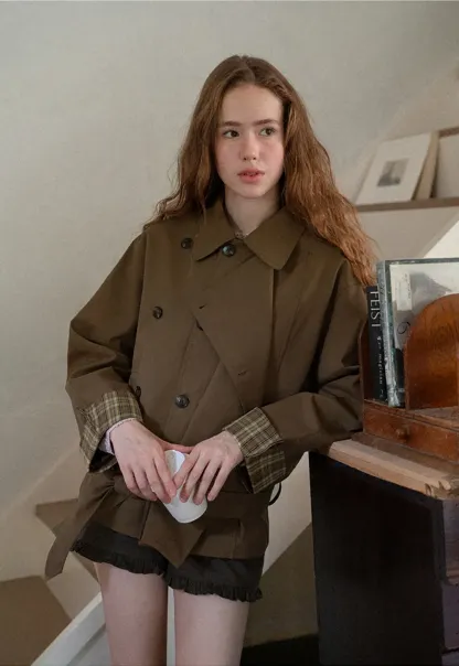 Double Breasted Trench Coat with Plaid Cuff Detail