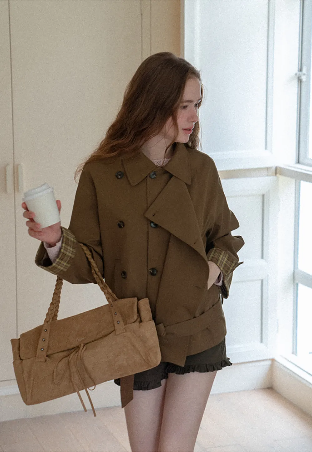 Double Breasted Trench Coat with Plaid Cuff Detail