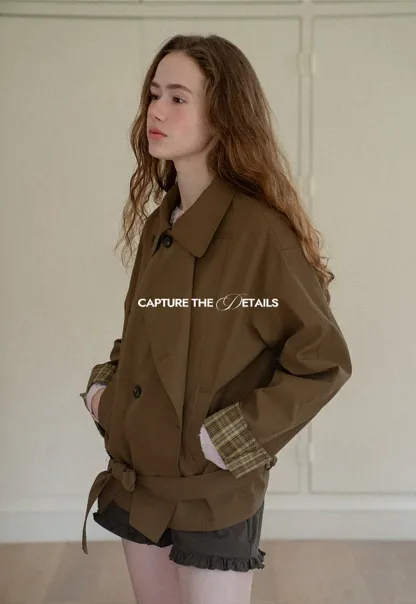 Double Breasted Trench Coat with Plaid Cuff Detail