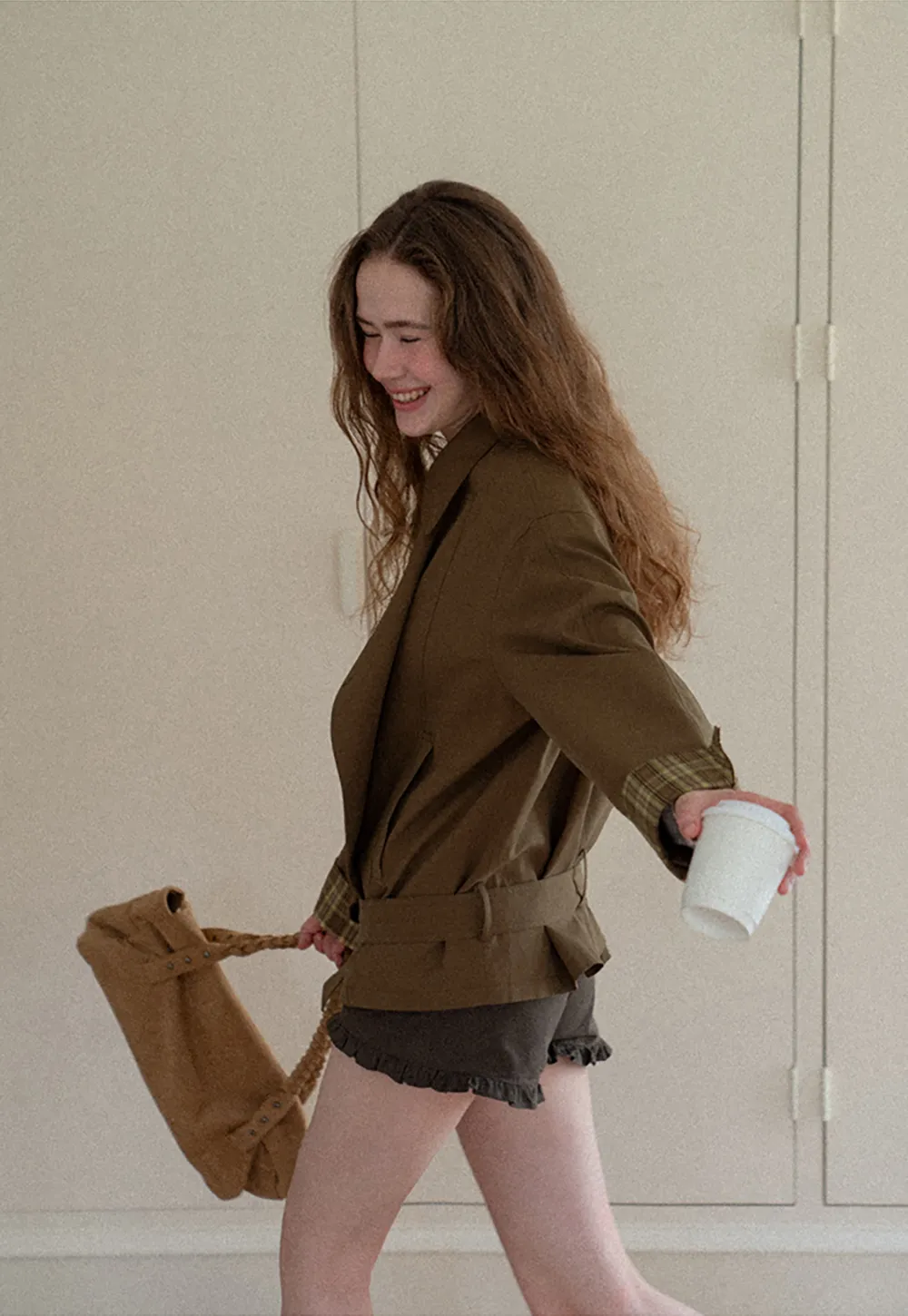 Double Breasted Trench Coat with Plaid Cuff Detail