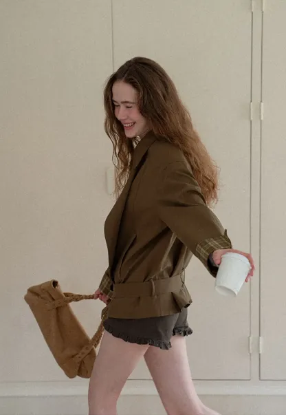 Double Breasted Trench Coat with Plaid Cuff Detail