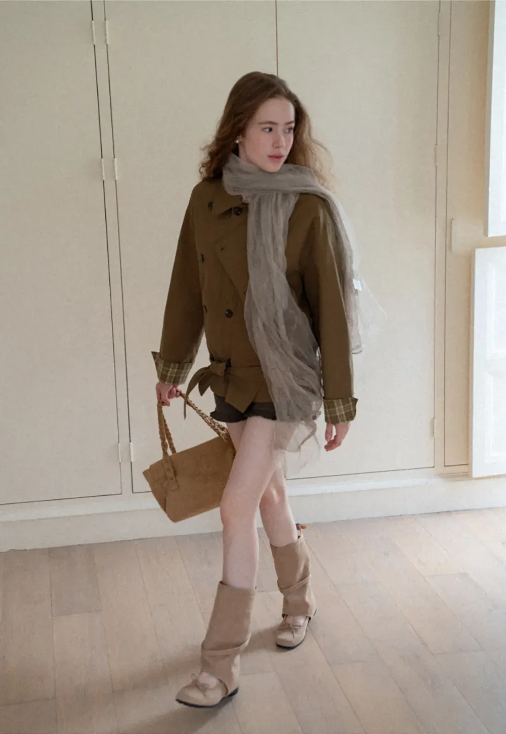 Double Breasted Trench Coat with Plaid Cuff Detail