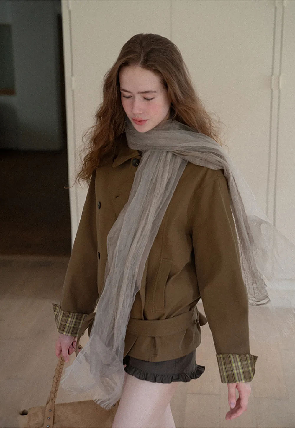 Double Breasted Trench Coat with Plaid Cuff Detail