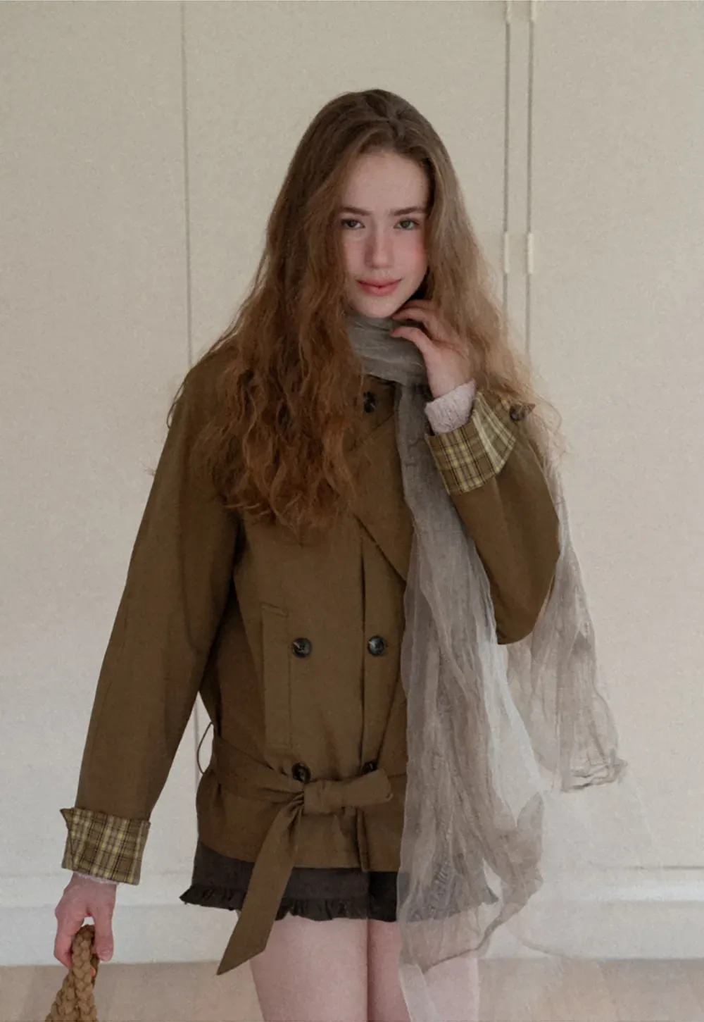 Double Breasted Trench Coat with Plaid Cuff Detail