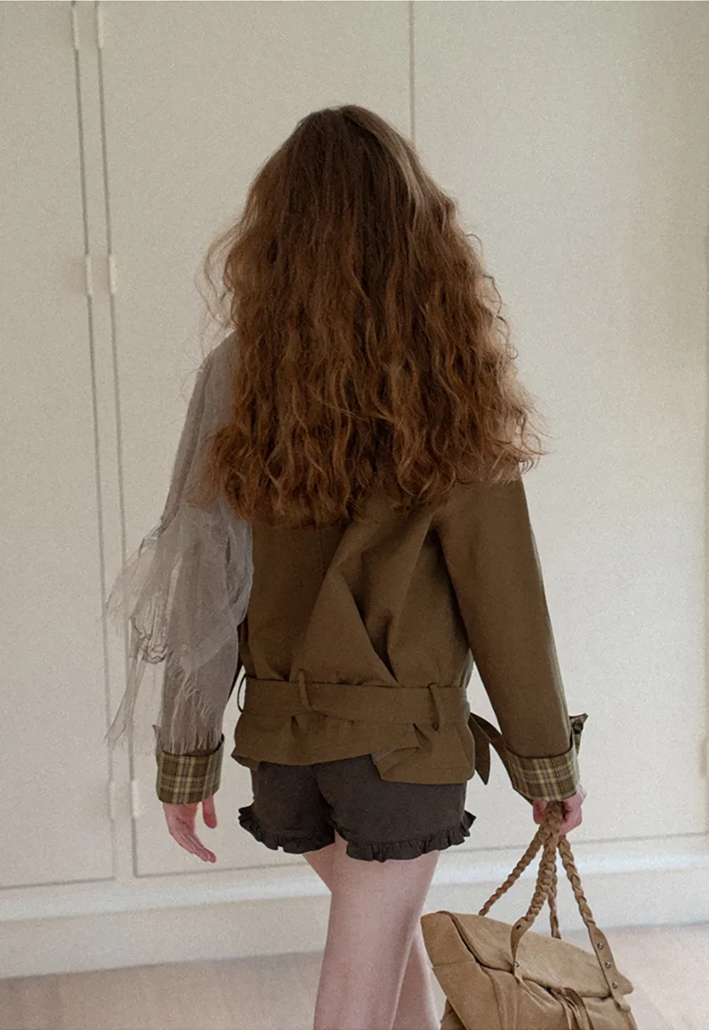 Double Breasted Trench Coat with Plaid Cuff Detail