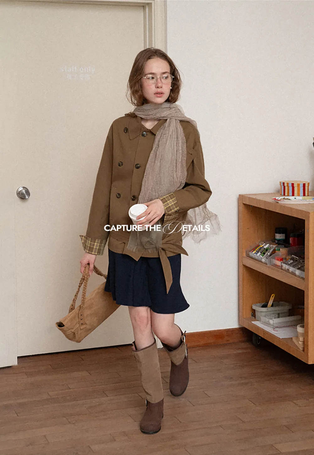 Double Breasted Trench Coat with Plaid Cuff Detail