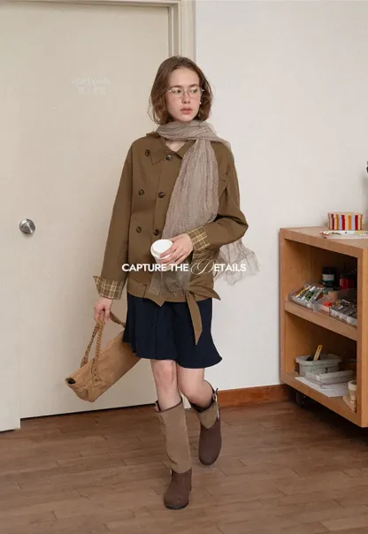 Double Breasted Trench Coat with Plaid Cuff Detail