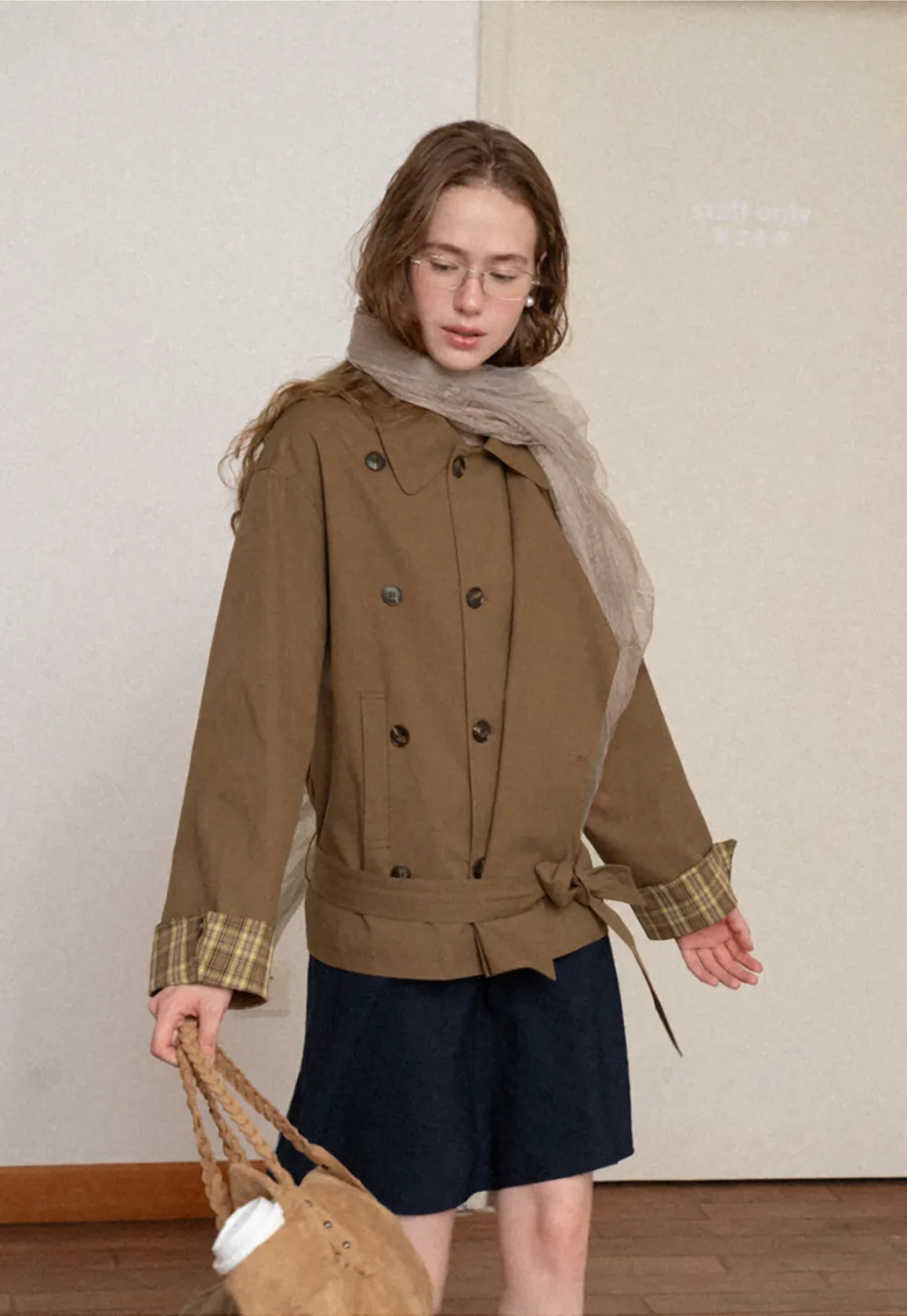 Double Breasted Trench Coat with Plaid Cuff Detail