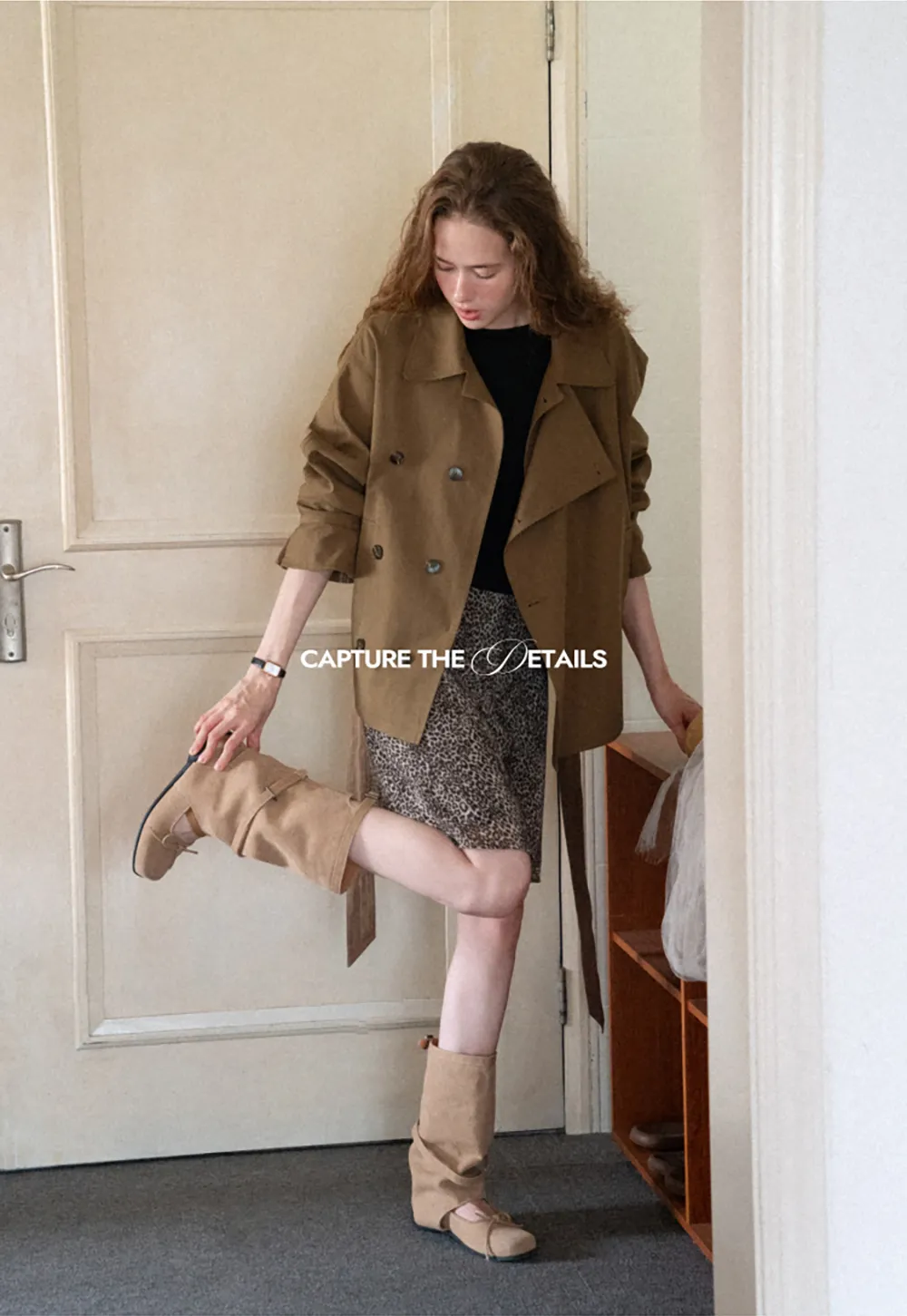 Double Breasted Trench Coat with Plaid Cuff Detail