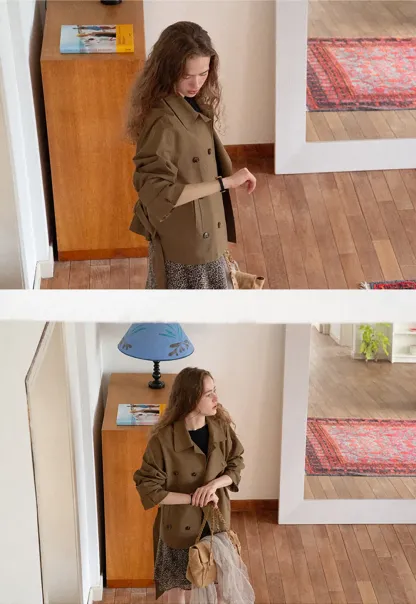 Double Breasted Trench Coat with Plaid Cuff Detail