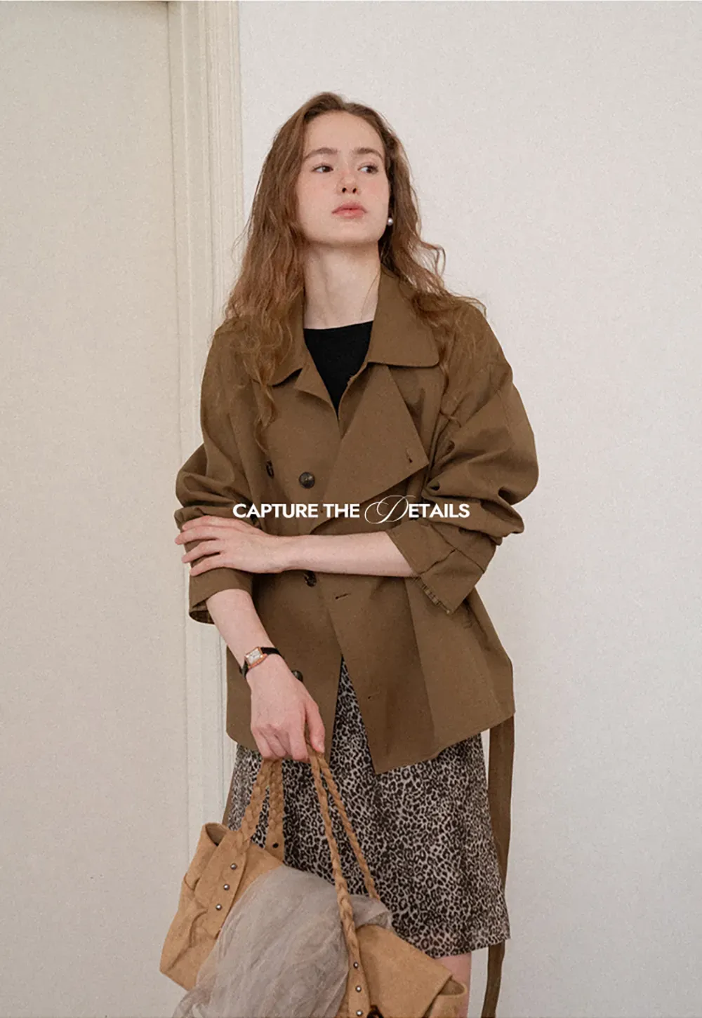 Double Breasted Trench Coat with Plaid Cuff Detail