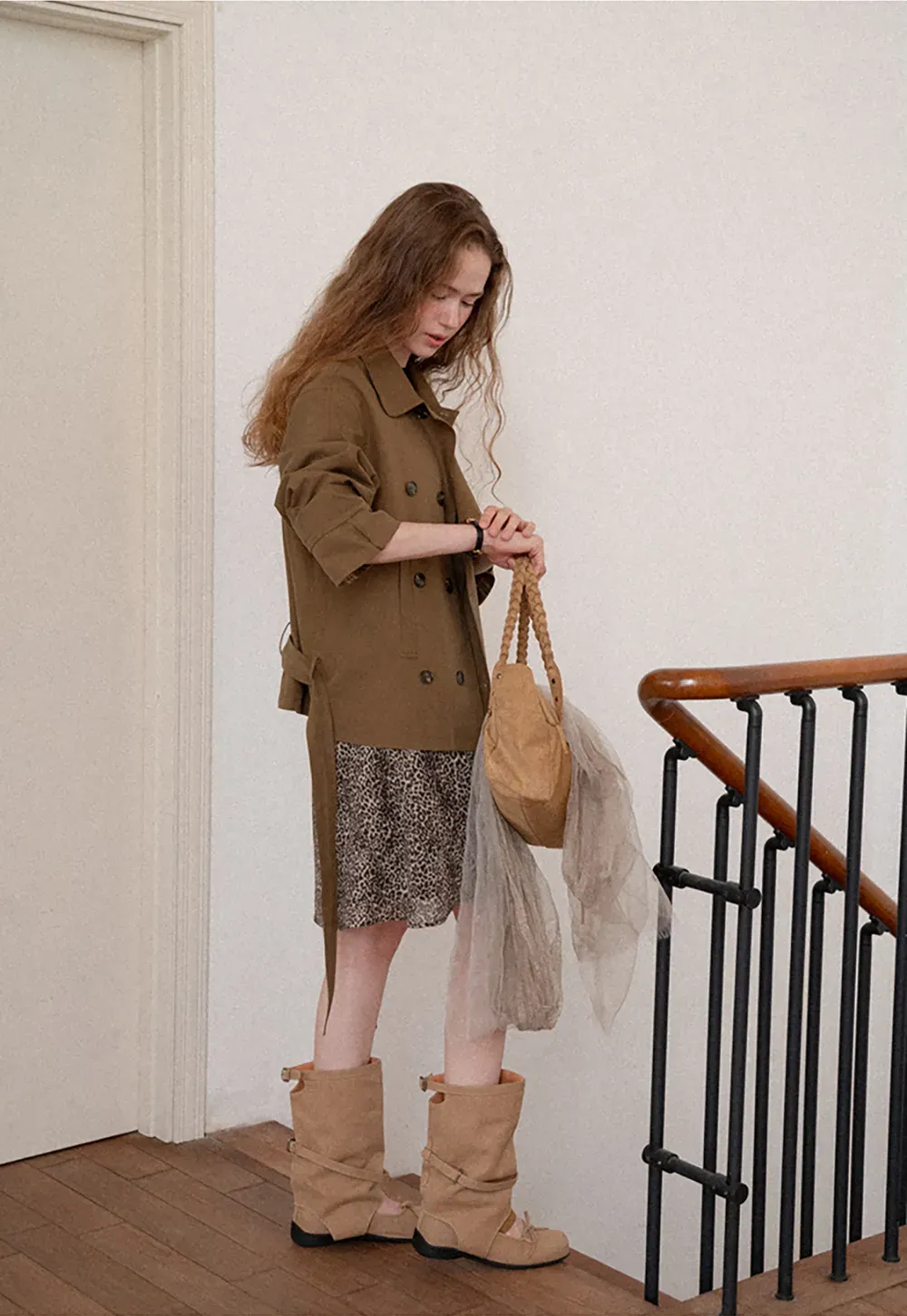 Double Breasted Trench Coat with Plaid Cuff Detail