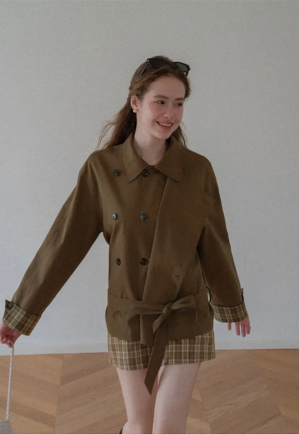 Double Breasted Trench Coat with Plaid Cuff Detail