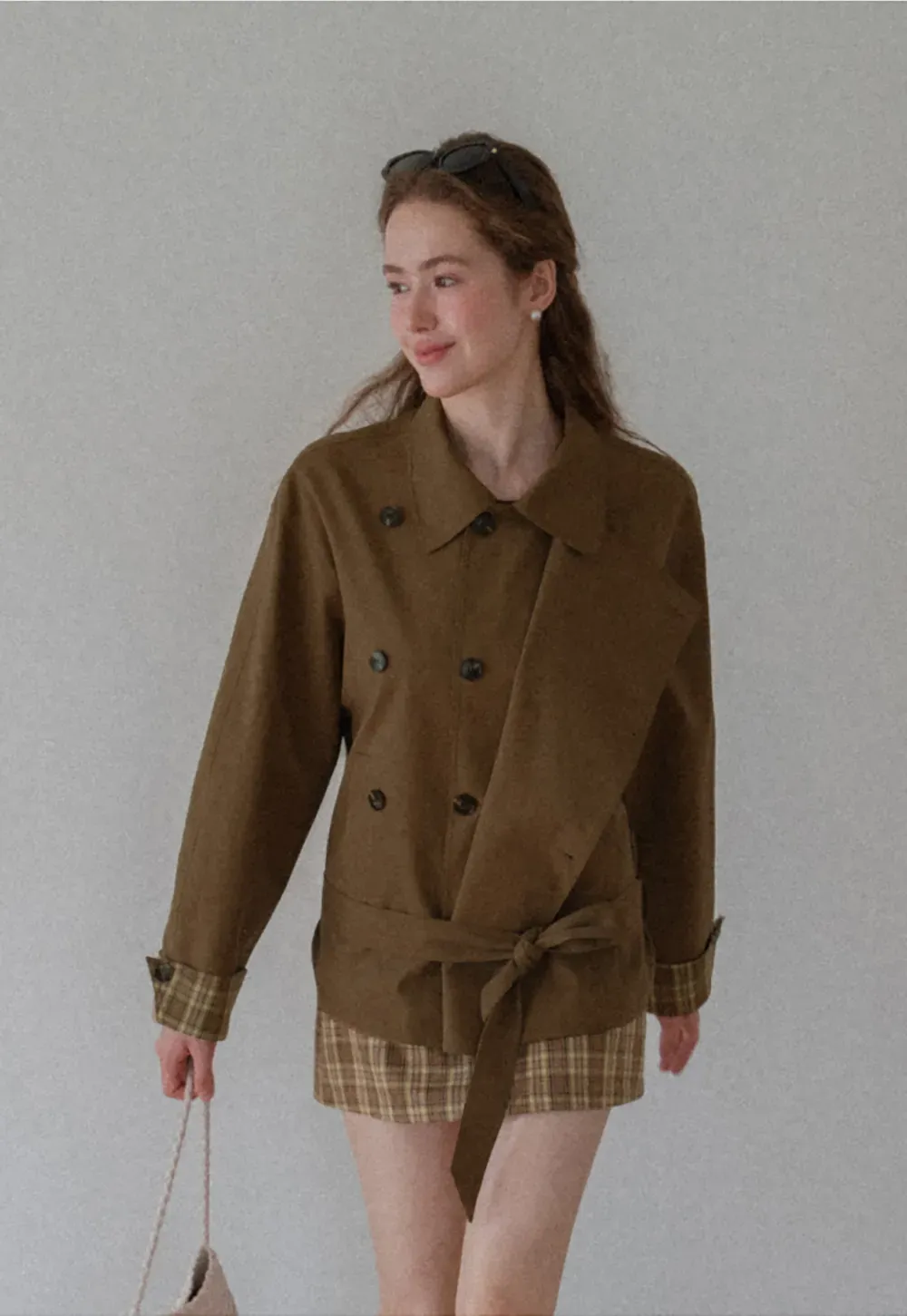 Double Breasted Trench Coat with Plaid Cuff Detail