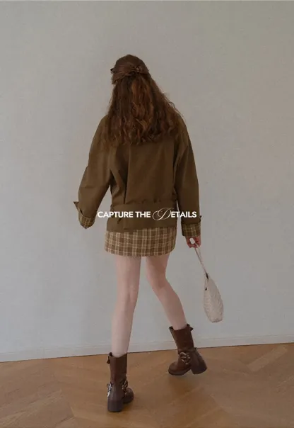 Double Breasted Trench Coat with Plaid Cuff Detail