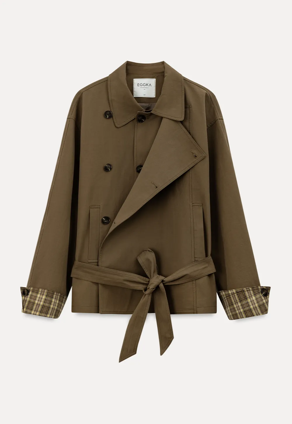 Double Breasted Trench Coat with Plaid Cuff Detail
