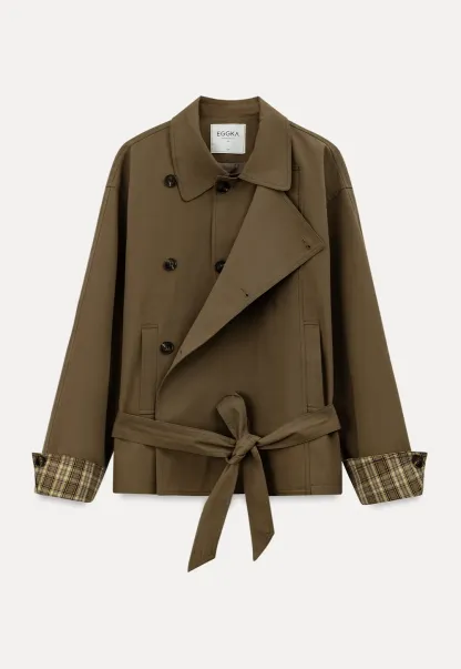 Double Breasted Trench Coat with Plaid Cuff Detail