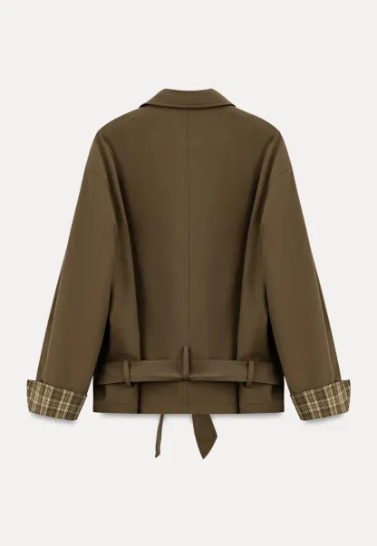 Double Breasted Trench Coat with Plaid Cuff Detail