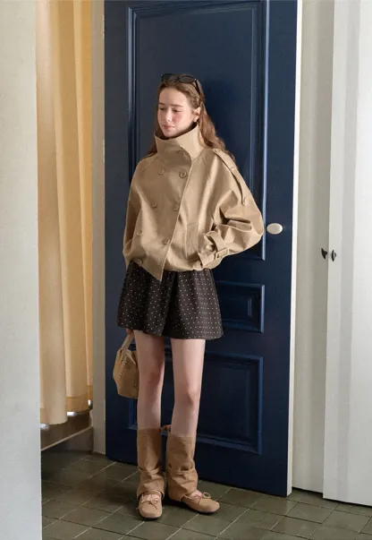 Oversized Cropped Trench Coat with Asymmetrical Lapel